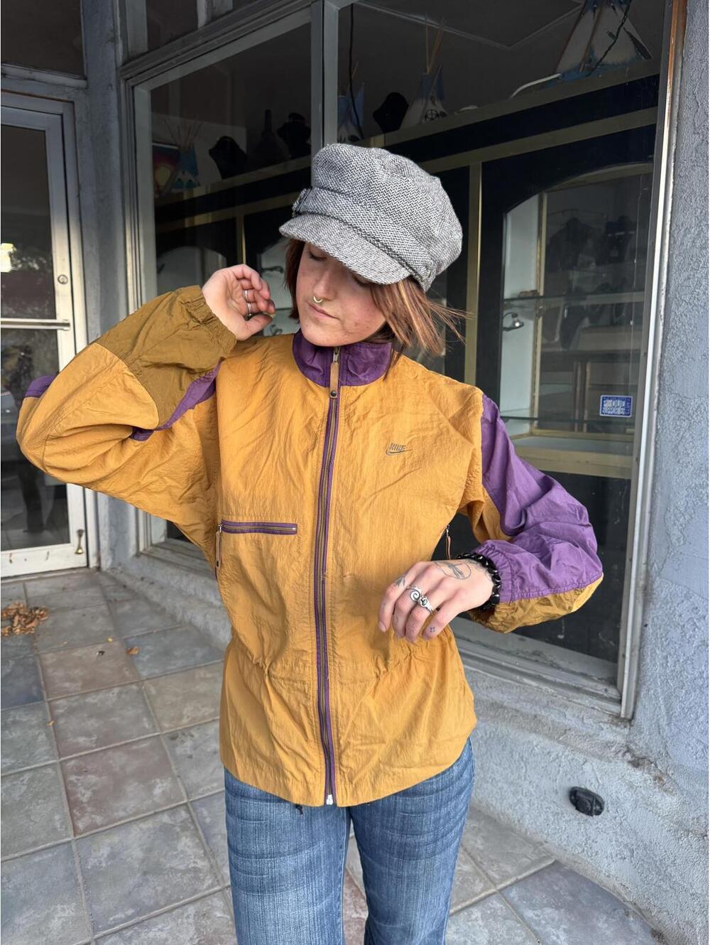 Vintage 90s Nike Style Colorblock Windbreaker Jacket Mustard Purple M - Picture 7 of 8